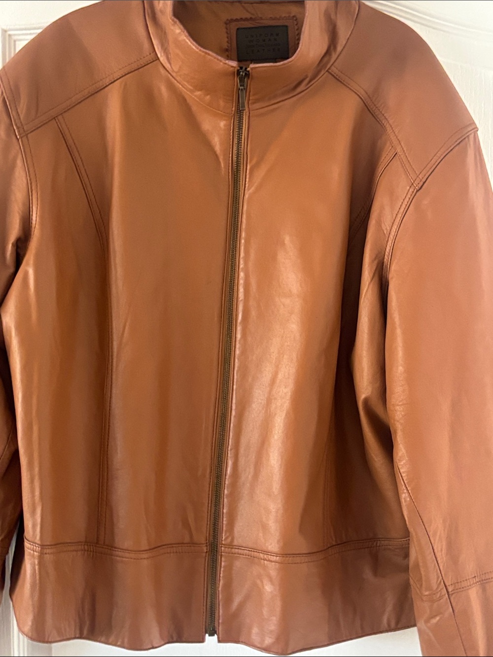 VINTAGE Women's Funnel Neck Leather Jacket - Warm Carmel SZ 3X - Picture 4 of 15